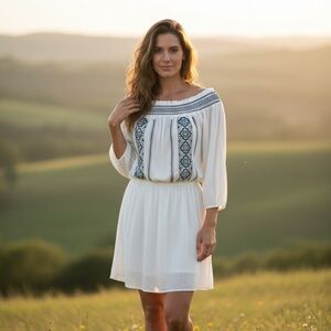 ANTHROPOLOGIE ENTRO BOHO BLUE EMBROIDERED SMOCKED CASUAL DRESS SIZE SMALL